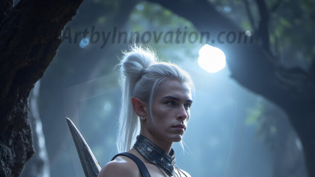 Handsome Male Elves, majestic young male elf standing in an elaborate elven background, in a dark ethereal realm. With pointed ears, wearing glamorous, luxurious, and fierce outfits is an Elven city, full of handsome, and sexy, shirtless elf men, that are adorned with shimmering, iridescent armor.