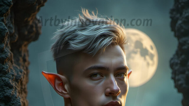 Handsome Male Elves, majestic young male elf standing in an elaborate elven background, in a dark ethereal realm. With pointed ears, wearing glamorous, luxurious, and fierce outfits is an Elven city, full of handsome, and sexy, shirtless elf men, that are adorned with shimmering, iridescent armor.