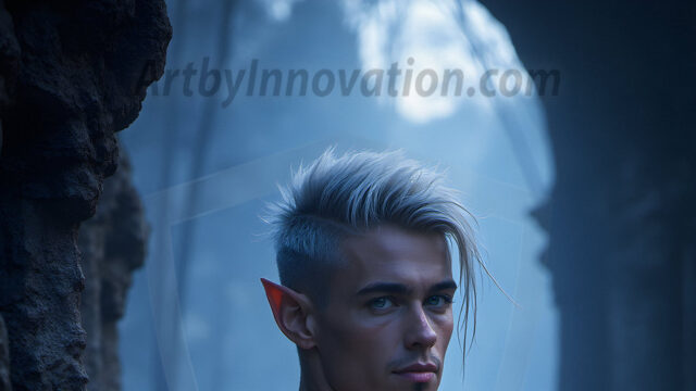 Handsome Male Elves, majestic young male elf standing in an elaborate elven background, in a dark ethereal realm. With pointed ears, wearing glamorous, luxurious, and fierce outfits is an Elven city, full of handsome, and sexy, shirtless elf men, that are adorned with shimmering, iridescent armor.