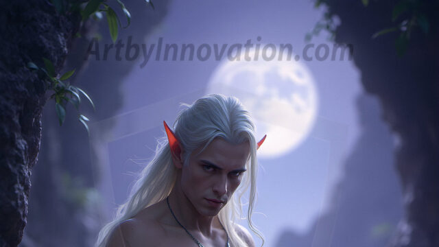 Handsome Male Elves, majestic young male elf standing in an elaborate elven background, in a dark ethereal realm. With pointed ears, wearing glamorous, luxurious, and fierce outfits is an Elven city, full of handsome, and sexy, shirtless elf men, that are adorned with shimmering, iridescent armor.