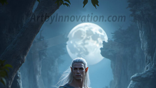 Handsome Male Elves, majestic young male elf standing in an elaborate elven background, in a dark ethereal realm. With pointed ears, wearing glamorous, luxurious, and fierce outfits is an Elven city, full of handsome, and sexy, shirtless elf men, that are adorned with shimmering, iridescent armor.