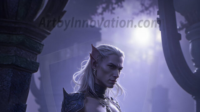 Handsome Male Elves, majestic young male elf standing in an elaborate elven background, in a dark ethereal realm. With pointed ears, wearing glamorous, luxurious, and fierce outfits is an Elven city, full of handsome, and sexy, shirtless elf men, that are adorned with shimmering, iridescent armor.