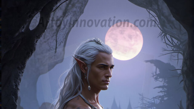 Handsome Male Elves, majestic young male elf standing in an elaborate elven background, in a dark ethereal realm. With pointed ears, wearing glamorous, luxurious, and fierce outfits is an Elven city, full of handsome, and sexy, shirtless elf men, that are adorned with shimmering, iridescent armor.
