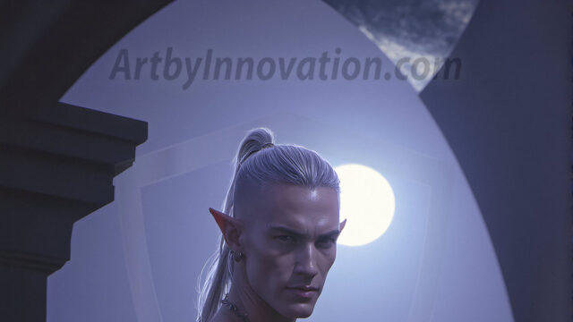 Handsome Male Elves, majestic young male elf standing in an elaborate elven background, in a dark ethereal realm. With pointed ears, wearing glamorous, luxurious, and fierce outfits is an Elven city, full of handsome, and sexy, shirtless elf men, that are adorned with shimmering, iridescent armor.