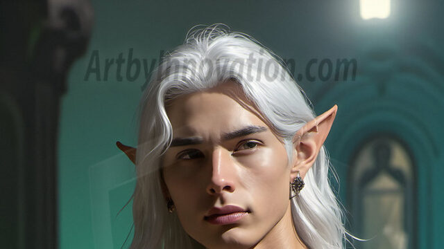 Handsome Male Elves, majestic young male elf standing in an elaborate elven background, in a dark ethereal realm. With pointed ears, wearing glamorous, luxurious, and fierce outfits is an Elven city, full of handsome, and sexy, shirtless elf men, that are adorned with shimmering, iridescent armor.