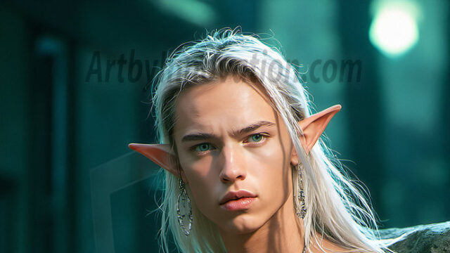 Handsome Male Elves, majestic young male elf standing in an elaborate elven background, in a dark ethereal realm. With pointed ears, wearing glamorous, luxurious, and fierce outfits is an Elven city, full of handsome, and sexy, shirtless elf men, that are adorned with shimmering, iridescent armor.