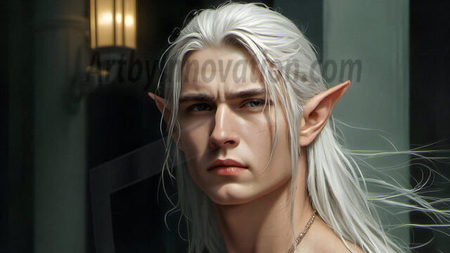 Handsome Male Elves, majestic young male elf standing in an elaborate elven background, in a dark ethereal realm. With pointed ears, wearing glamorous, luxurious, and fierce outfits is an Elven city, full of handsome, and sexy, shirtless elf men, that are adorned with shimmering, iridescent armor.