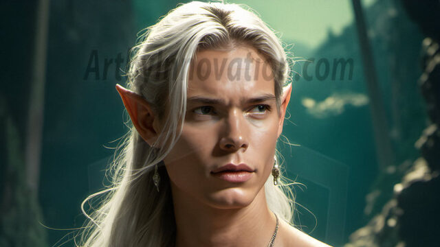 Handsome Male Elves, majestic young male elf standing in an elaborate elven background, in a dark ethereal realm. With pointed ears, wearing glamorous, luxurious, and fierce outfits is an Elven city, full of handsome, and sexy, shirtless elf men, that are adorned with shimmering, iridescent armor.