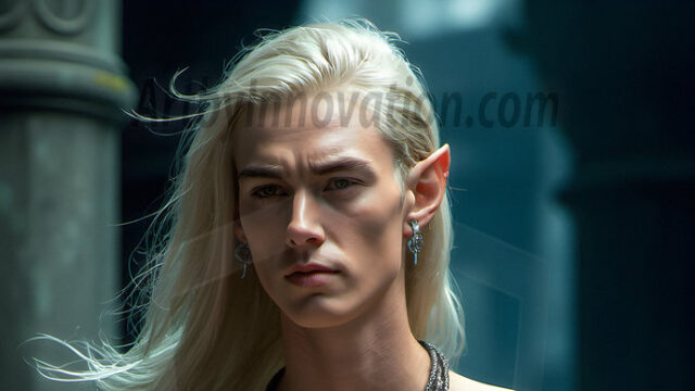 Handsome Male Elves, majestic young male elf standing in an elaborate elven background, in a dark ethereal realm. With pointed ears, wearing glamorous, luxurious, and fierce outfits is an Elven city, full of handsome, and sexy, shirtless elf men, that are adorned with shimmering, iridescent armor.
