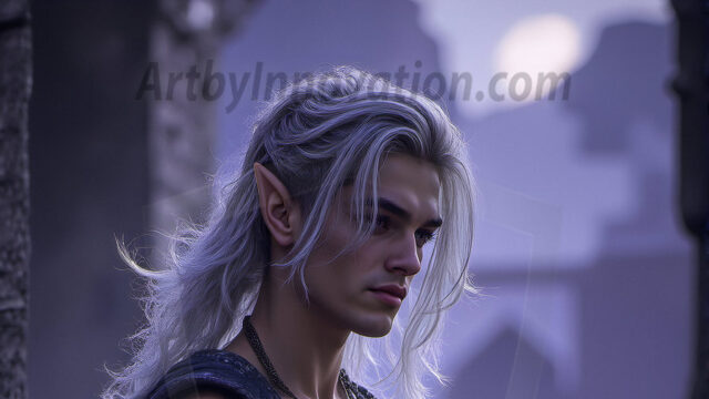 Handsome Male Elves, majestic young male elf standing in an elaborate elven background, in a dark ethereal realm. With pointed ears, wearing glamorous, luxurious, and fierce outfits is an Elven city, full of handsome, and sexy, shirtless elf men, that are adorned with shimmering, iridescent armor.