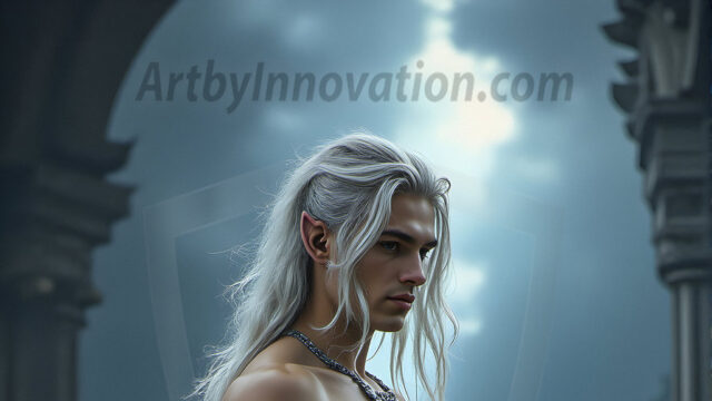 Handsome Male Elves, majestic young male elf standing in an elaborate elven background, in a dark ethereal realm. With pointed ears, wearing glamorous, luxurious, and fierce outfits is an Elven city, full of handsome, and sexy, shirtless elf men, that are adorned with shimmering, iridescent armor.