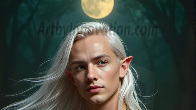 Handsome Male Elves, majestic young male elf standing in an elaborate elven background, in a dark ethereal realm. With pointed ears, wearing glamorous, luxurious, and fierce outfits is an Elven city, full of handsome, and sexy, shirtless elf men, that are adorned with shimmering, iridescent armor.