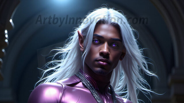 Handsome Male Elves, majestic young male elf standing in an elaborate elven background, in a dark ethereal realm. With pointed ears, wearing glamorous, luxurious, and fierce outfits is an Elven city, full of handsome, and sexy, shirtless elf men, that are adorned with shimmering, iridescent armor.