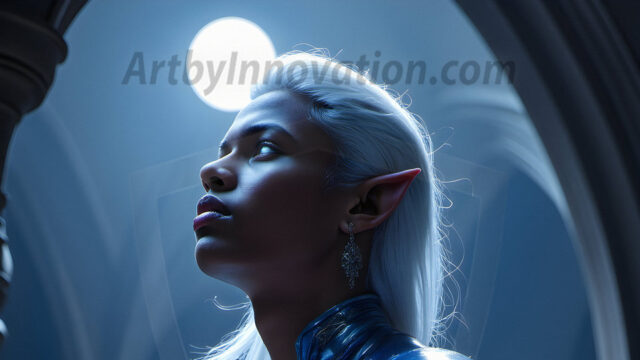 Handsome Male Elves, majestic young male elf standing in an elaborate elven background, in a dark ethereal realm. With pointed ears, wearing glamorous, luxurious, and fierce outfits is an Elven city, full of handsome, and sexy, shirtless elf men, that are adorned with shimmering, iridescent armor.