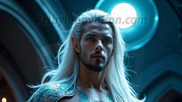 Handsome Male Elves, majestic young male elf standing in an elaborate elven background, in a dark ethereal realm. With pointed ears, wearing glamorous, luxurious, and fierce outfits is an Elven city, full of handsome, and sexy, shirtless elf men, that are adorned with shimmering, iridescent armor.