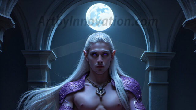 Handsome Male Elves, majestic young male elf standing in an elaborate elven background, in a dark ethereal realm. With pointed ears, wearing glamorous, luxurious, and fierce outfits is an Elven city, full of handsome, and sexy, shirtless elf men, that are adorned with shimmering, iridescent armor.