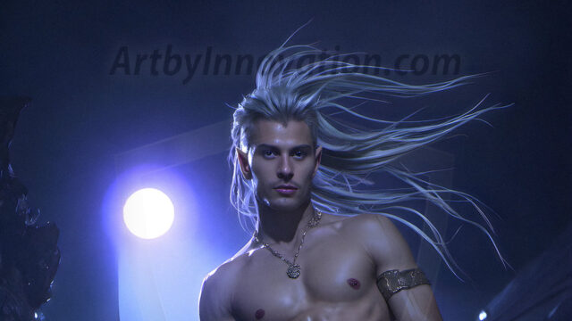 Handsome Male Elves, majestic young male elf standing in an elaborate elven background, in a dark ethereal realm. With pointed ears, wearing glamorous, luxurious, and fierce outfits is an Elven city, full of handsome, and sexy, shirtless elf men, that are adorned with shimmering, iridescent armor.