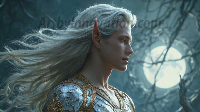 Handsome Male Elves, majestic young male elf standing in an elaborate elven background, in a dark ethereal realm. With pointed ears, wearing glamorous, luxurious, and fierce outfits is an Elven city, full of handsome, and sexy, shirtless elf men, that are adorned with shimmering, iridescent armor.