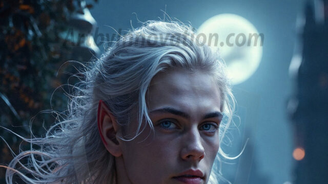 Handsome Male Elves, majestic young male elf standing in an elaborate elven background, in a dark ethereal realm. With pointed ears, wearing glamorous, luxurious, and fierce outfits is an Elven city, full of handsome, and sexy, shirtless elf men, that are adorned with shimmering, iridescent armor.