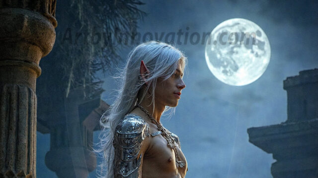 Handsome Male Elves, majestic young male elf standing in an elaborate elven background, in a dark ethereal realm. With pointed ears, wearing glamorous, luxurious, and fierce outfits is an Elven city, full of handsome, and sexy, shirtless elf men, that are adorned with shimmering, iridescent armor.