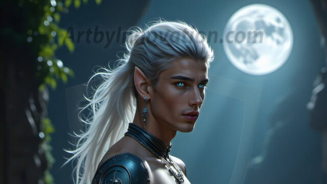 Handsome Male Elves, majestic young male elf standing in an elaborate elven background, in a dark ethereal realm. With pointed ears, wearing glamorous, luxurious, and fierce outfits is an Elven city, full of handsome, and sexy, shirtless elf men, that are adorned with shimmering, iridescent armor.