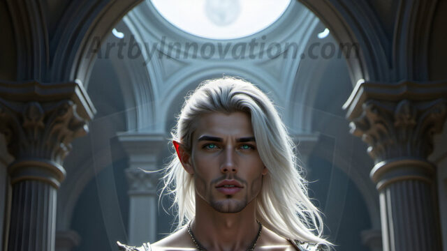 Handsome Male Elves, majestic young male elf standing in an elaborate elven background, in a dark ethereal realm. With pointed ears, wearing glamorous, luxurious, and fierce outfits is an Elven city, full of handsome, and sexy, shirtless elf men, that are adorned with shimmering, iridescent armor.