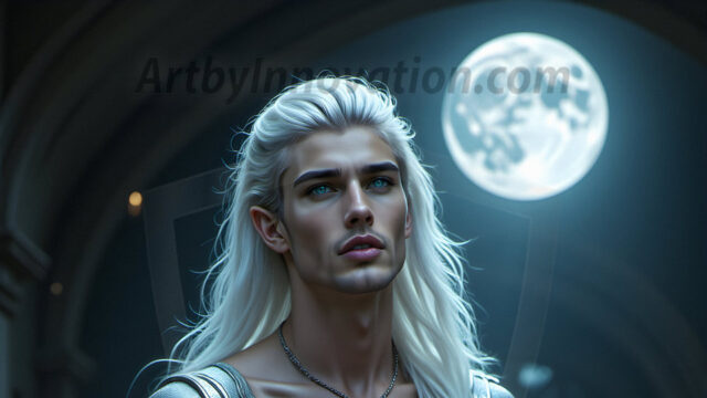 Handsome Male Elves, majestic young male elf standing in an elaborate elven background, in a dark ethereal realm. With pointed ears, wearing glamorous, luxurious, and fierce outfits is an Elven city, full of handsome, and sexy, shirtless elf men, that are adorned with shimmering, iridescent armor.