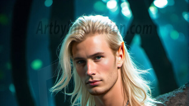 Handsome Male Elves, majestic young male elf standing in an elaborate elven background, in a dark ethereal realm. With pointed ears, wearing glamorous, luxurious, and fierce outfits is an Elven city, full of handsome, and sexy, shirtless elf men, that are adorned with shimmering, iridescent armor.