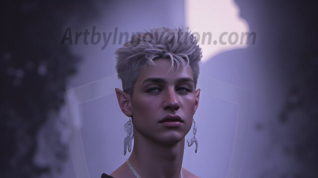 Handsome Male Elves, majestic young male elf standing in an elaborate elven background, in a dark ethereal realm. With pointed ears, wearing glamorous, luxurious, and fierce outfits is an Elven city, full of handsome, and sexy, shirtless elf men, that are adorned with shimmering, iridescent armor.