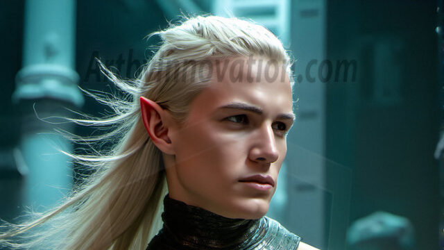Handsome Male Elves, majestic young male elf standing in an elaborate elven background, in a dark ethereal realm. With pointed ears, wearing glamorous, luxurious, and fierce outfits is an Elven city, full of handsome, and sexy, shirtless elf men, that are adorned with shimmering, iridescent armor.