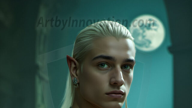 Handsome Male Elves, majestic young male elf standing in an elaborate elven background, in a dark ethereal realm. With pointed ears, wearing glamorous, luxurious, and fierce outfits is an Elven city, full of handsome, and sexy, shirtless elf men, that are adorned with shimmering, iridescent armor.