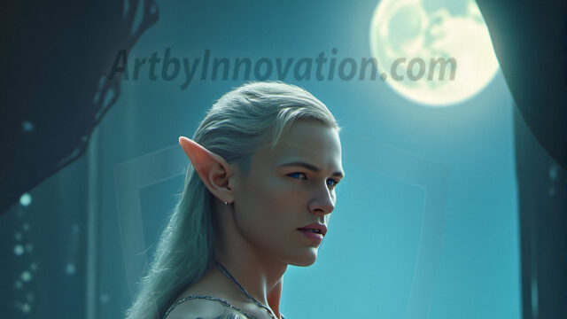 Handsome Male Elves, majestic young male elf standing in an elaborate elven background, in a dark ethereal realm. With pointed ears, wearing glamorous, luxurious, and fierce outfits is an Elven city, full of handsome, and sexy, shirtless elf men, that are adorned with shimmering, iridescent armor.