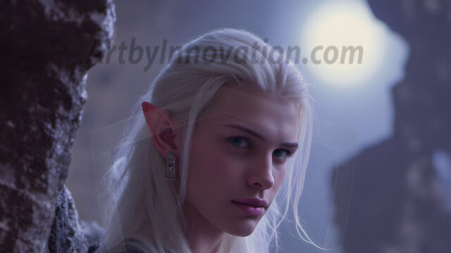 Handsome Male Elves, majestic young male elf standing in an elaborate elven background, in a dark ethereal realm. With pointed ears, wearing glamorous, luxurious, and fierce outfits is an Elven city, full of handsome, and sexy, shirtless elf men, that are adorned with shimmering, iridescent armor.