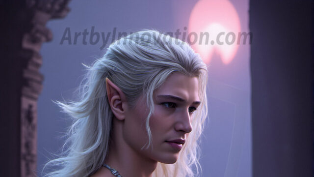Handsome Male Elves, majestic young male elf standing in an elaborate elven background, in a dark ethereal realm. With pointed ears, wearing glamorous, luxurious, and fierce outfits is an Elven city, full of handsome, and sexy, shirtless elf men, that are adorned with shimmering, iridescent armor.