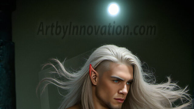 Handsome Male Elves, majestic young male elf standing in an elaborate elven background, in a dark ethereal realm. With pointed ears, wearing glamorous, luxurious, and fierce outfits is an Elven city, full of handsome, and sexy, shirtless elf men, that are adorned with shimmering, iridescent armor.