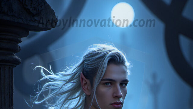 Handsome Male Elves, majestic young male elf standing in an elaborate elven background, in a dark ethereal realm. With pointed ears, wearing glamorous, luxurious, and fierce outfits is an Elven city, full of handsome, and sexy, shirtless elf men, that are adorned with shimmering, iridescent armor.