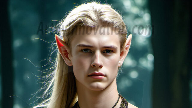 Handsome Male Elves, majestic young male elf standing in an elaborate elven background, in a dark ethereal realm. With pointed ears, wearing glamorous, luxurious, and fierce outfits is an Elven city, full of handsome, and sexy, shirtless elf men, that are adorned with shimmering, iridescent armor.