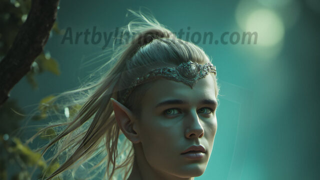 Handsome Male Elves, majestic young male elf standing in an elaborate elven background, in a dark ethereal realm. With pointed ears, wearing glamorous, luxurious, and fierce outfits is an Elven city, full of handsome, and sexy, shirtless elf men, that are adorned with shimmering, iridescent armor.