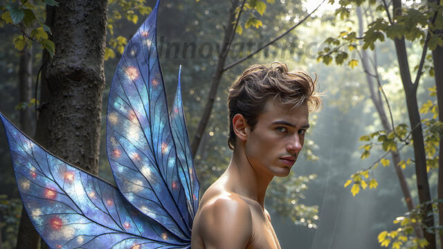 Brought to life through AI, Capturing the Pristine and Elusive Male Fairy. Imagine a realm where handsome shirtless men & boys possess enormous, shimmering crystal wings, vibrant and radiant, capturing and reflecting the light of the environment in a mesmerizing way, and adding a touch of mystery to their intense visage. Outdoors in a fantasy mysterious enchanted realm.