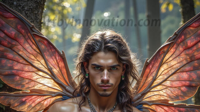 Brought to life through AI, Capturing the Pristine and Elusive Male Fairy. Imagine a realm where handsome shirtless men & boys possess enormous, shimmering crystal wings, vibrant and radiant, capturing and reflecting the light of the environment in a mesmerizing way, and adding a touch of mystery to their intense visage. Outdoors in a fantasy mysterious enchanted realm.