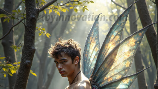 Brought to life through AI, Capturing the Pristine and Elusive Male Fairy. Imagine a realm where handsome shirtless men & boys possess enormous, shimmering crystal wings, vibrant and radiant, capturing and reflecting the light of the environment in a mesmerizing way, and adding a touch of mystery to their intense visage. Outdoors in a fantasy mysterious enchanted realm.