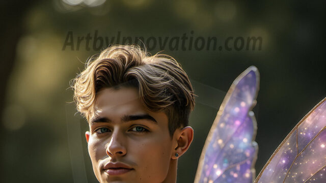 Brought to life through AI, Capturing the Pristine and Elusive Male Fairy. Imagine a realm where handsome shirtless men & boys possess enormous, shimmering crystal wings, vibrant and radiant, capturing and reflecting the light of the environment in a mesmerizing way, and adding a touch of mystery to their intense visage. Outdoors in a fantasy mysterious enchanted realm.