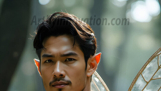 Brought to life through AI, Capturing the Pristine and Elusive Male Fairy. Imagine a realm where handsome shirtless men & boys possess enormous, shimmering crystal wings, vibrant and radiant, capturing and reflecting the light of the environment in a mesmerizing way, and adding a touch of mystery to their intense visage. Outdoors in a fantasy mysterious enchanted realm.