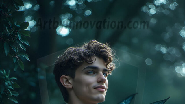 Brought to life through AI, Capturing the Pristine and Elusive Male Fairy. Imagine a realm where handsome shirtless men & boys possess enormous, shimmering crystal wings, vibrant and radiant, capturing and reflecting the light of the environment in a mesmerizing way, and adding a touch of mystery to their intense visage. Outdoors in a fantasy mysterious enchanted realm.