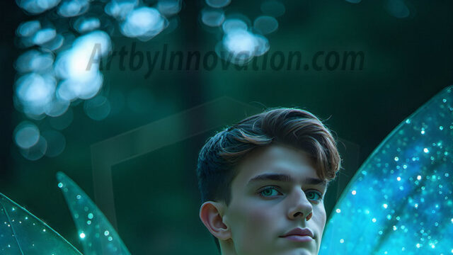 Brought to life through AI, Capturing the Pristine and Elusive Male Fairy. Imagine a realm where handsome shirtless men & boys possess enormous, shimmering crystal wings, vibrant and radiant, capturing and reflecting the light of the environment in a mesmerizing way, and adding a touch of mystery to their intense visage. Outdoors in a fantasy mysterious enchanted realm.
