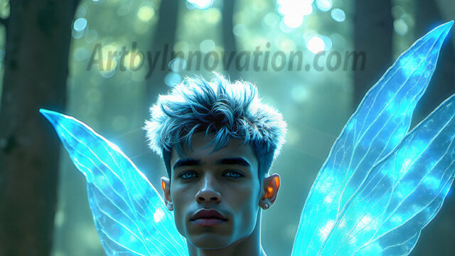 Brought to life through AI, Capturing the Pristine and Elusive Male Fairy. Imagine a realm where handsome shirtless men & boys possess enormous, shimmering crystal wings, vibrant and radiant, capturing and reflecting the light of the environment in a mesmerizing way, and adding a touch of mystery to their intense visage. Outdoors in a fantasy mysterious enchanted realm.