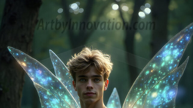 Brought to life through AI, Capturing the Pristine and Elusive Male Fairy. Imagine a realm where handsome shirtless men & boys possess enormous, shimmering crystal wings, vibrant and radiant, capturing and reflecting the light of the environment in a mesmerizing way, and adding a touch of mystery to their intense visage. Outdoors in a fantasy mysterious enchanted realm.