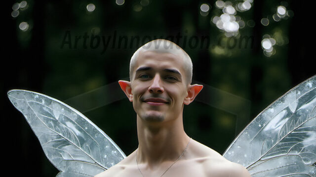 Brought to life through AI, Capturing the Pristine and Elusive Male Fairy. Imagine a realm where handsome shirtless men & boys possess enormous, shimmering crystal wings, vibrant and radiant, capturing and reflecting the light of the environment in a mesmerizing way, and adding a touch of mystery to their intense visage. Outdoors in a fantasy mysterious enchanted realm.