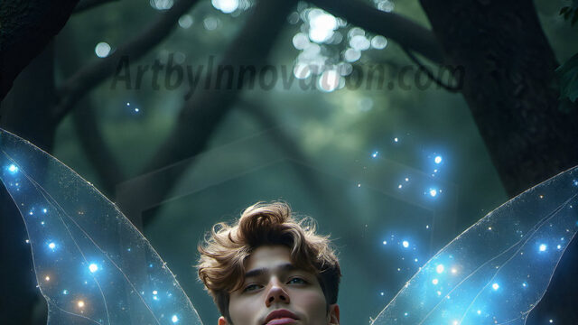 Brought to life through AI, Capturing the Pristine and Elusive Male Fairy. Imagine a realm where handsome shirtless men & boys possess enormous, shimmering crystal wings, vibrant and radiant, capturing and reflecting the light of the environment in a mesmerizing way, and adding a touch of mystery to their intense visage. Outdoors in a fantasy mysterious enchanted realm.