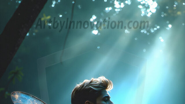 Brought to life through AI, Capturing the Pristine and Elusive Male Fairy. Imagine a realm where handsome shirtless men & boys possess enormous, shimmering crystal wings, vibrant and radiant, capturing and reflecting the light of the environment in a mesmerizing way, and adding a touch of mystery to their intense visage. Outdoors in a fantasy mysterious enchanted realm.